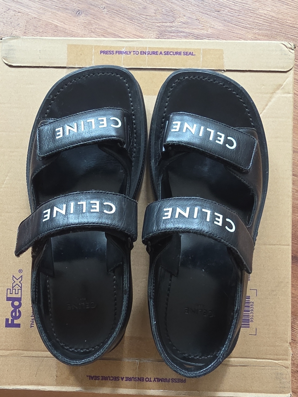 Celine Black Leather Double-Strap Sandals with Logo